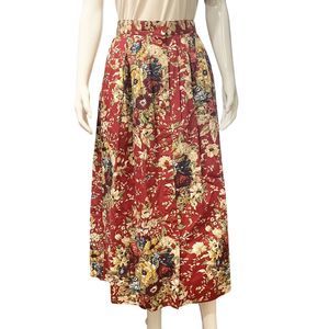 Vintage 90s Red Floral Skirt Long Button Front Cottagecore Chic Romantic Size 6